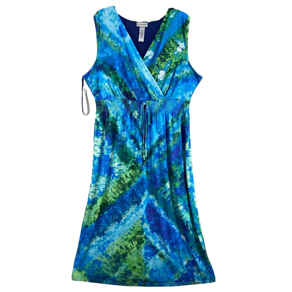 NWT Catherines Dress 2X Maxi‎ Blue Knit Ocean Gathered V Neck Sleeveless Lined